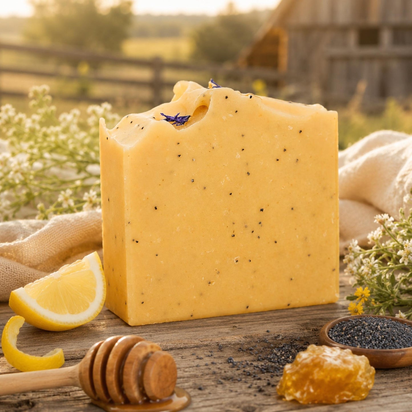 Barra de jabón artesanal de sebo y leche de cabra con limón, miel y semillas de amapola