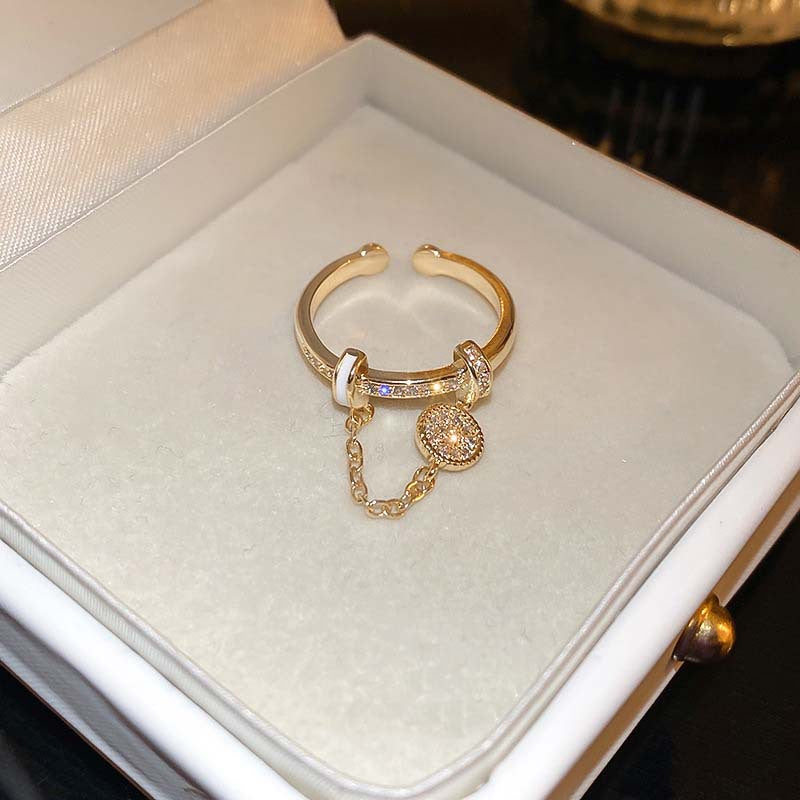 Anillo de borla con cadena redonda de diamante y circonita, chapado en oro real