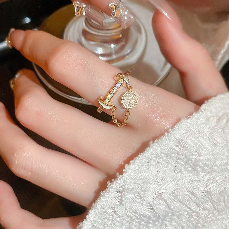 Anillo de borla con cadena redonda de diamante y circonita, chapado en oro real