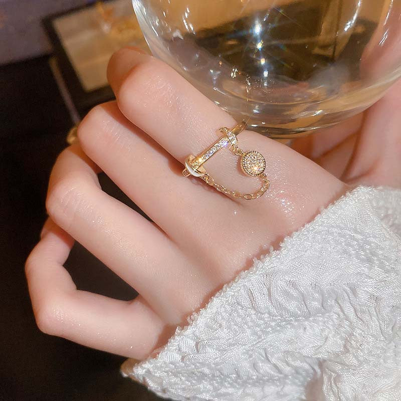 Anillo de borla con cadena redonda de diamante y circonita, chapado en oro real