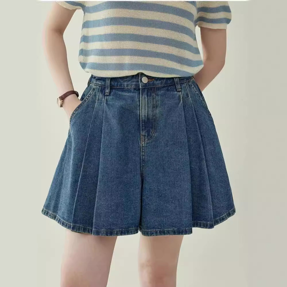 Shorts vaqueros plisados de talle alto y pierna ancha