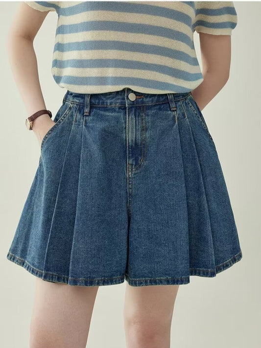 Wide Leg High Waist Pleated Denim Shorts