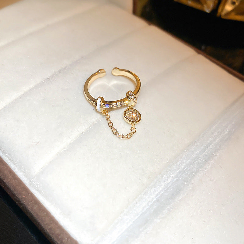 Anillo de borla con cadena redonda de diamante y circonita, chapado en oro real