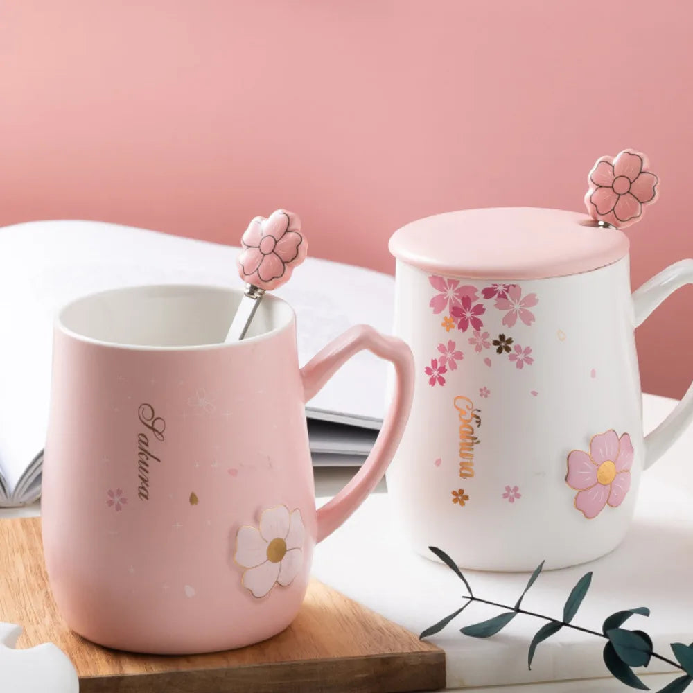 Cherry Blossom Ceramic Mug With Lid & Spoon