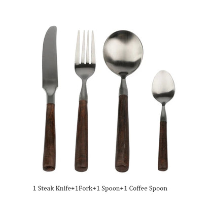 Retro Wooden Handle Dinner Knife Fork and Spoon Set