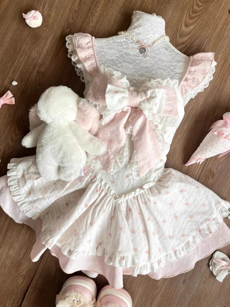 Floral Design Bow Patchwork Short Dress