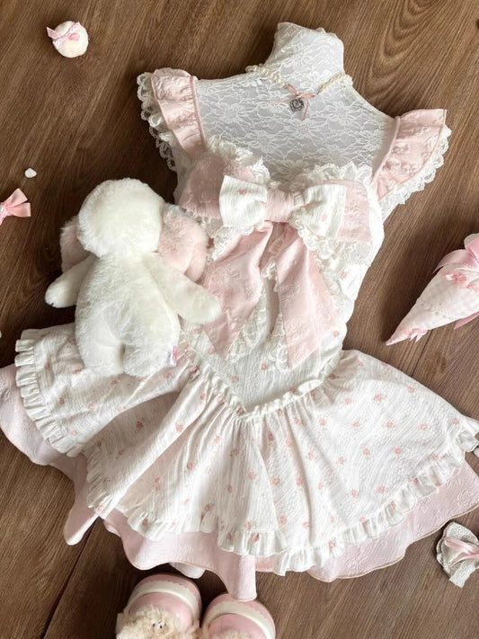 Floral Design Bow Patchwork Short Dress