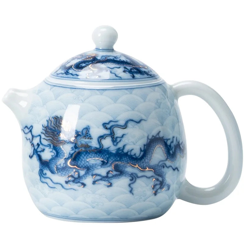 Metal Inlay Blue and White Dragon Teapot