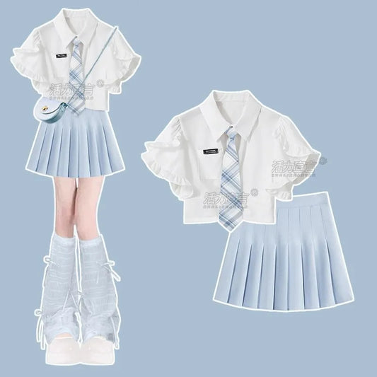Chica 2026 Verano Nueva Moda En Vestido Conjunto A juego Dama Coreana Elegante Camisa de Manga Corta + Falda Plisada Corta Traje de Dos Piezas