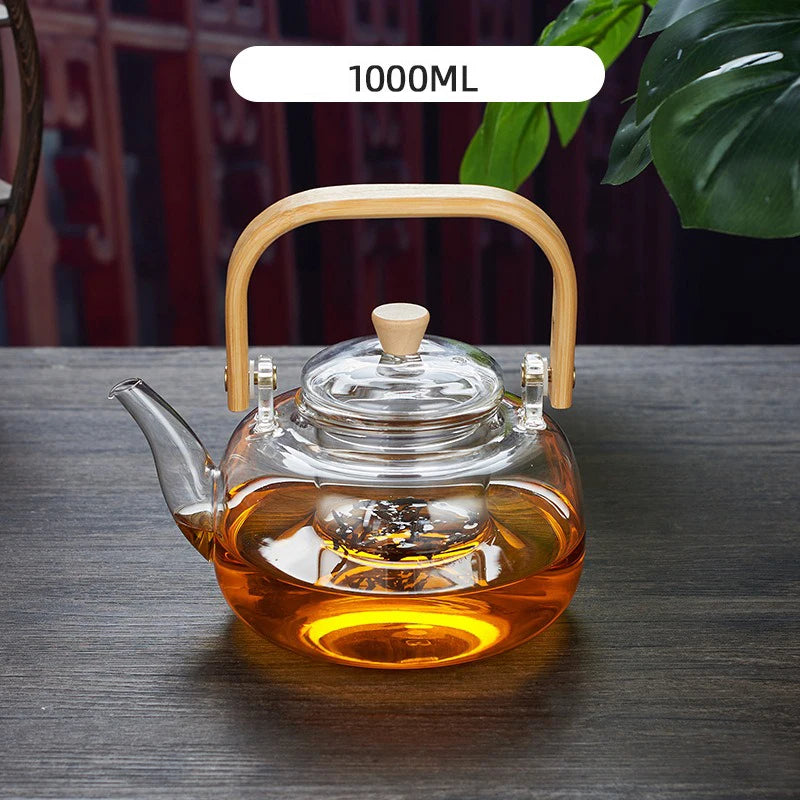 High Borosilicate Glass Chinese Tea Ceremony Clear Teapot with Filter Wood Handle
