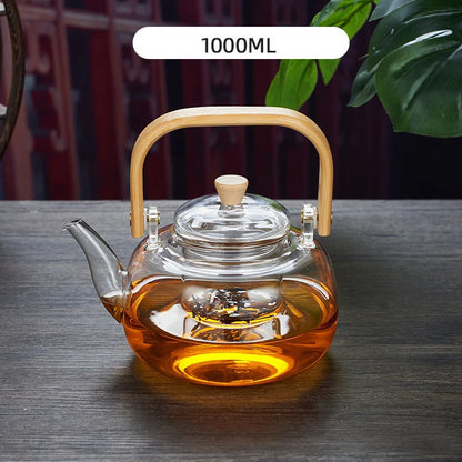 High Borosilicate Glass Chinese Tea Ceremony Clear Teapot with Filter Wood Handle