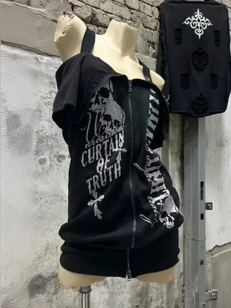 Camiseta de manga corta con cremallera y estampado de calaveras
