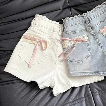 Pantalones cortos de mezclilla MEXZT Kawaii con lazo para mujer, vaqueros cortos de encaje blanco Cutecore, moda de verano, ropa urbana coreana, pantalones cortos de cintura alta.