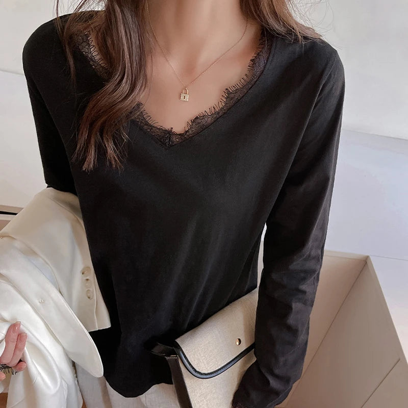 Camiseta Sexy de Encaje con Manga Larga para Mujer, Todo a Juego, Holgada, con Cuello en V, Jersey para Mujer, Primavera Otoño, Blusas Básicas de Color Sólido para Mujer