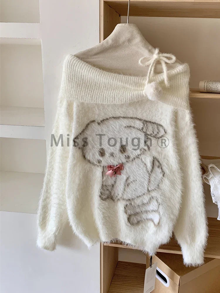 Otoño Invierno Mujer Dulce Chica Coreana Suéter Abrigado con Escote Bardot, Jerséis de Manga Larga, Estilo Y2K, Mori Girl, Acogedor y Lindo