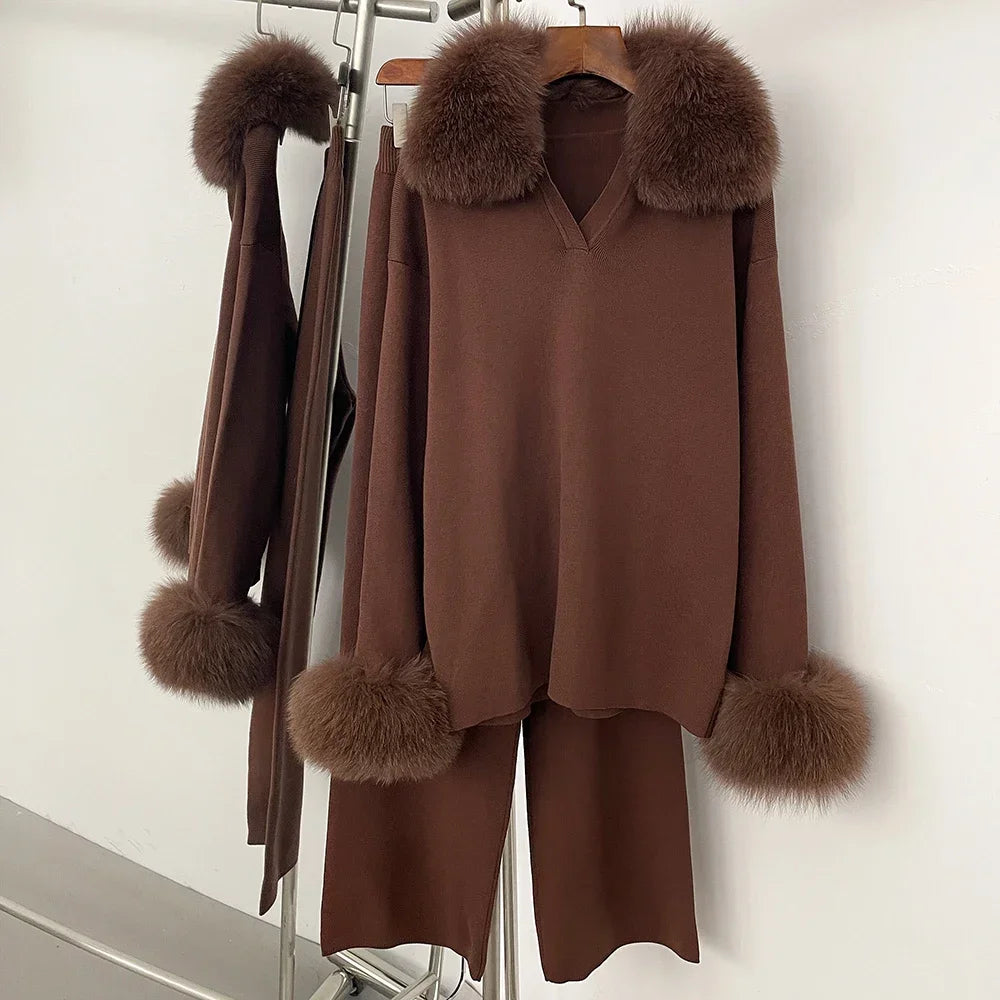 Chaqueta de piel Reality Jersey, cuello de piel de zorro real, otoño invierno, traje de jersey para mujer, jerséis de piel de mapache, conjunto de pantalones para mujer