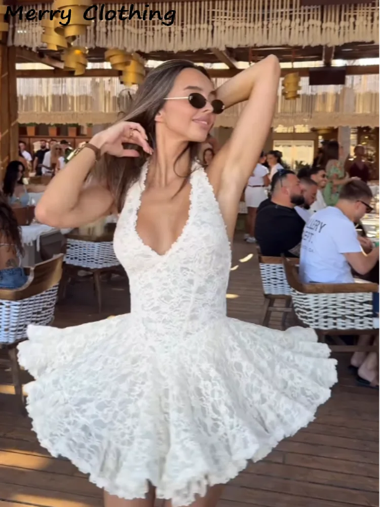 V Neck Halter Lace Dress