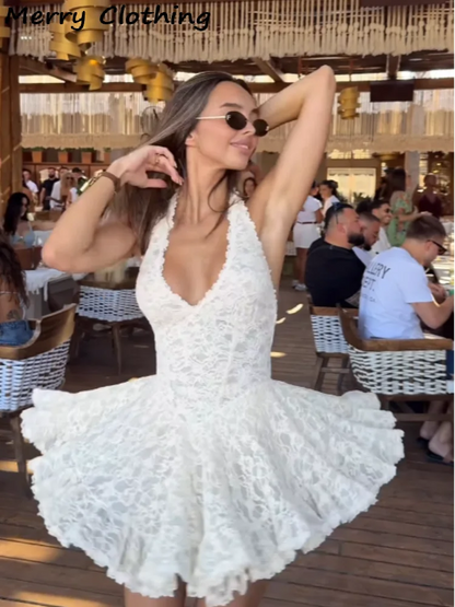 V Neck Halter Lace Dress