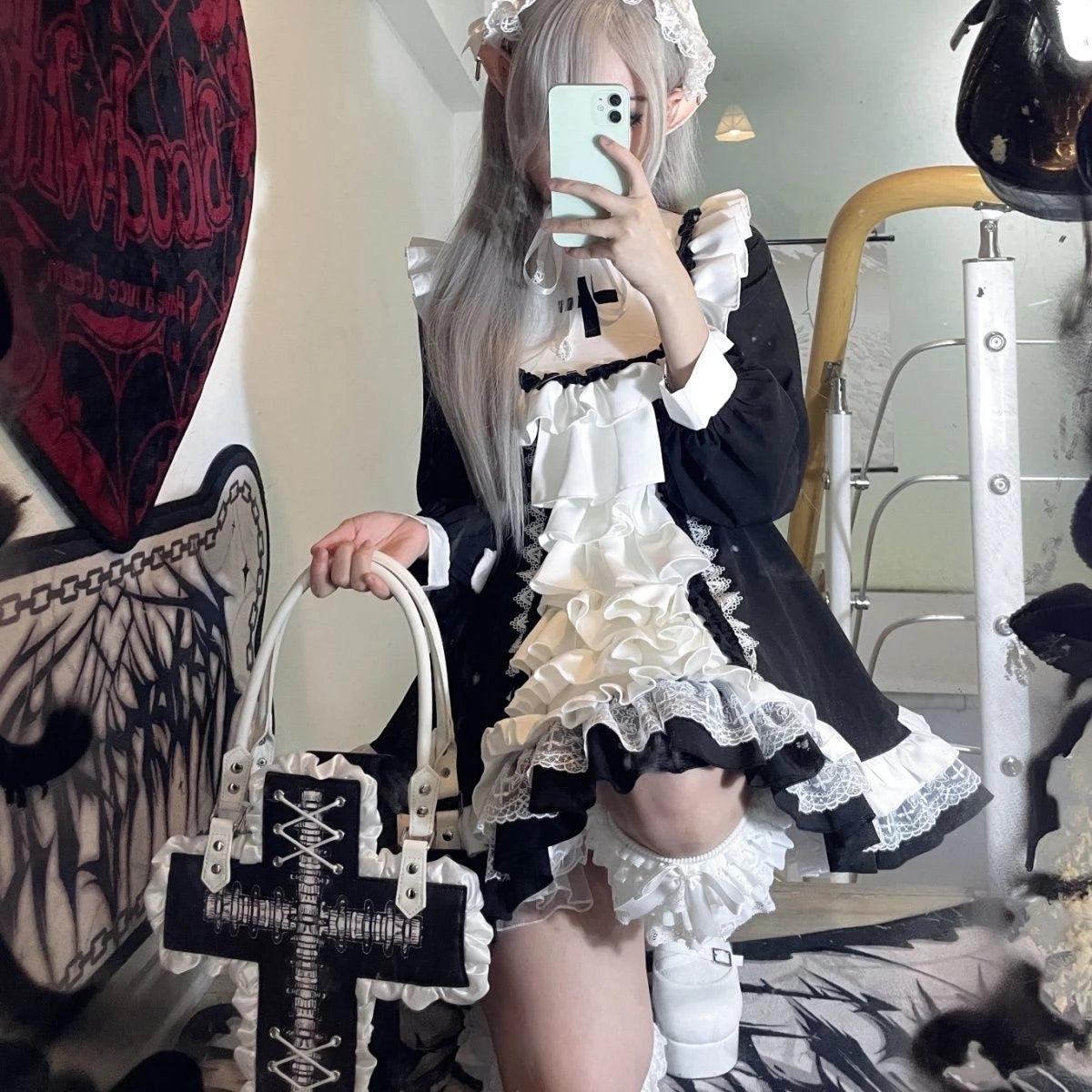 Vestido de hada con volantes, manga larga, dulce, Kawaii Lolita, de encaje, patchwork, estilo Y2k estético, de gala, color contrastante, túnica para mujer