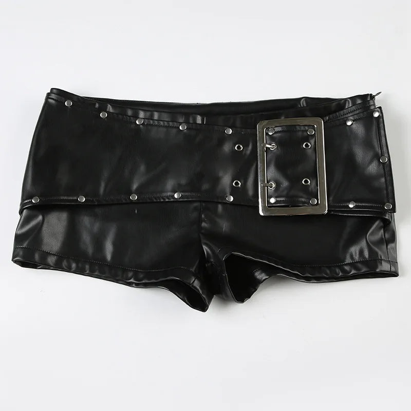 Rivet Buckle Belt Low Waist Leather Shorts