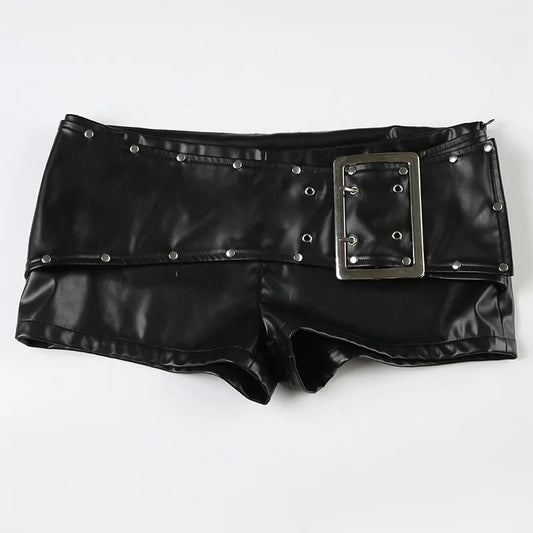 Rivet Buckle Belt Low Waist Leather Shorts