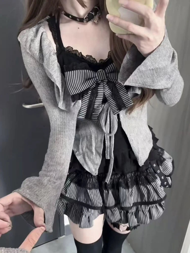 Conjunto de 3 Piezas de Cárdigan de Manga Larga con Lazo + Falda Corta con Volantes y Cintura Elástica