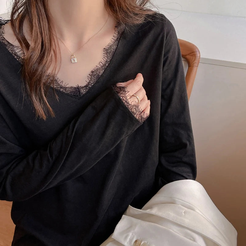 Camiseta Sexy de Encaje con Manga Larga para Mujer, Todo a Juego, Holgada, con Cuello en V, Jersey para Mujer, Primavera Otoño, Blusas Básicas de Color Sólido para Mujer