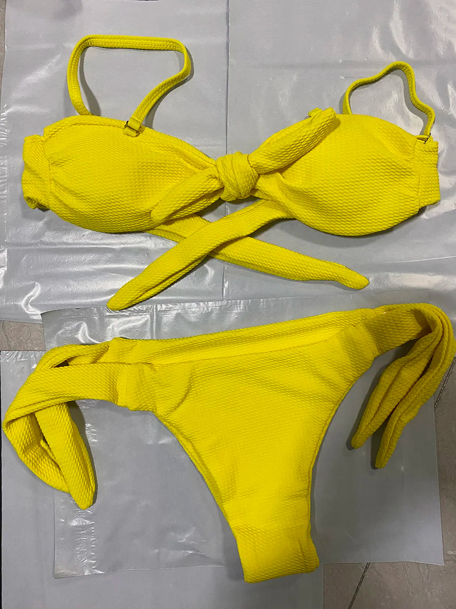 Ribbed Knotted Polka Dot Bikini