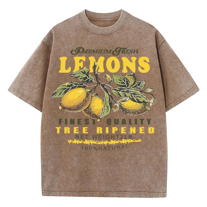 Camisetas lavadas de talla grande con estampado de limones frescos de primera calidad para mujer, camiseta holgada de manga corta cómoda Y2K de algodón que combina con todo