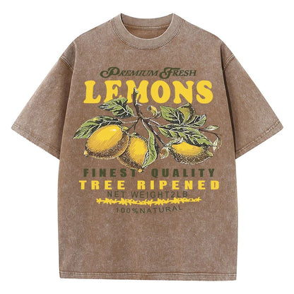 Camisetas lavadas de talla grande con estampado de limones frescos de primera calidad para mujer, camiseta holgada de manga corta cómoda Y2K de algodón que combina con todo