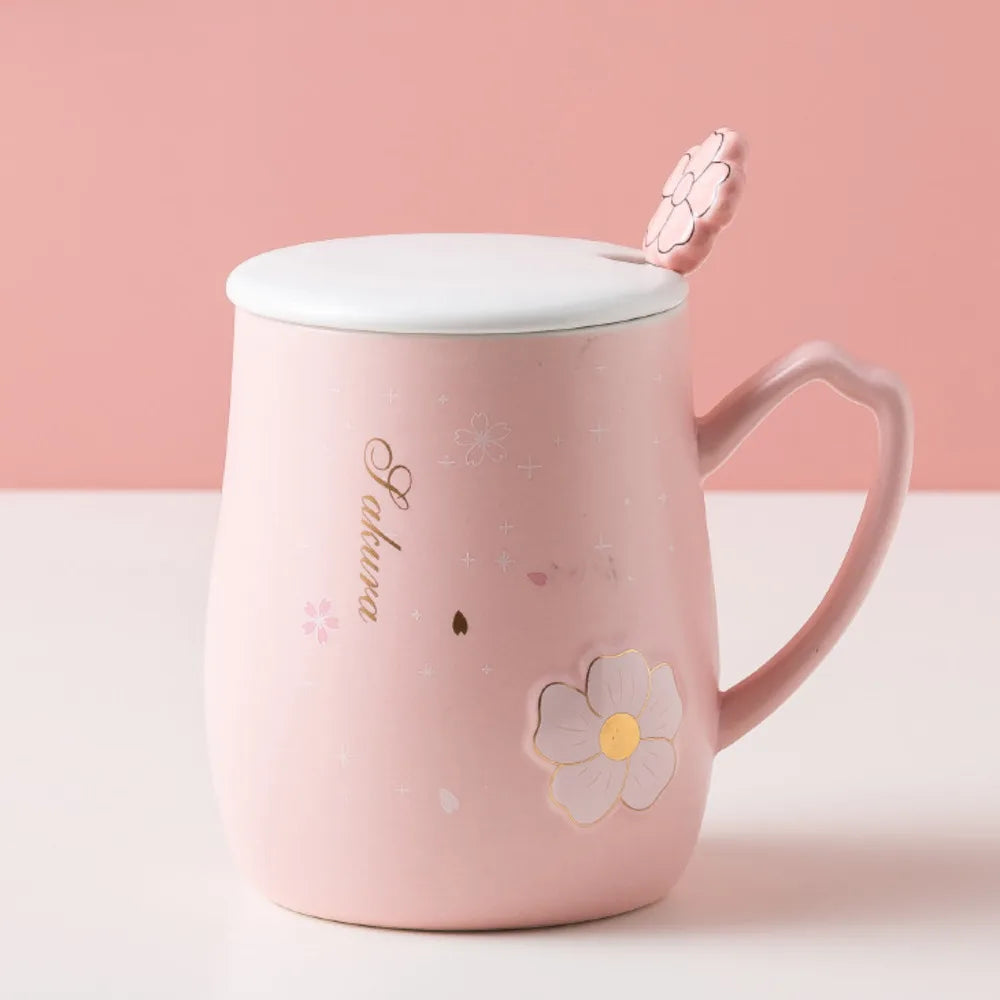Cherry Blossom Ceramic Mug With Lid & Spoon