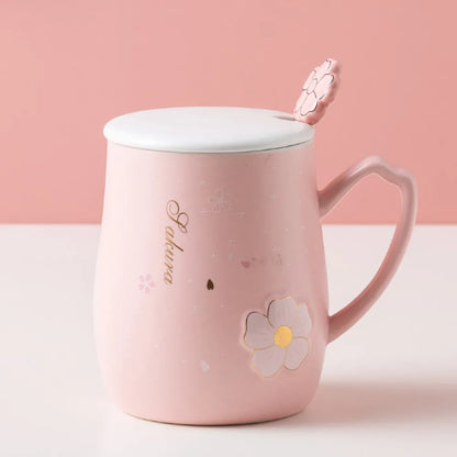 Cherry Blossom Ceramic Mug With Lid & Spoon