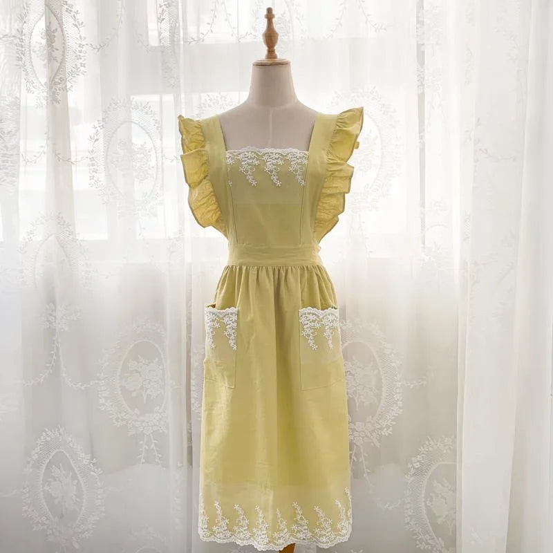 Washed Cotton Linen Lace Kitchen Apron