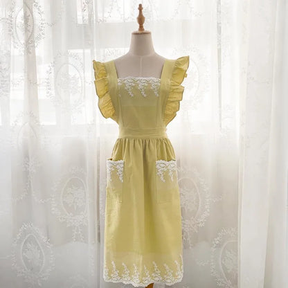 Washed Cotton Linen Lace Kitchen Apron