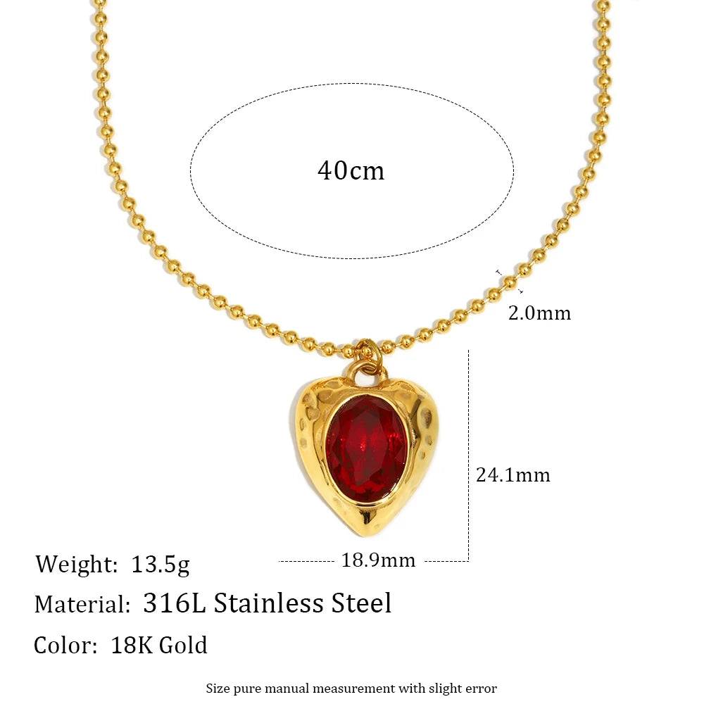 E.B.belle PVD Plated Beaded Chain Heart Shape Red Gemstone Pendant Necklace