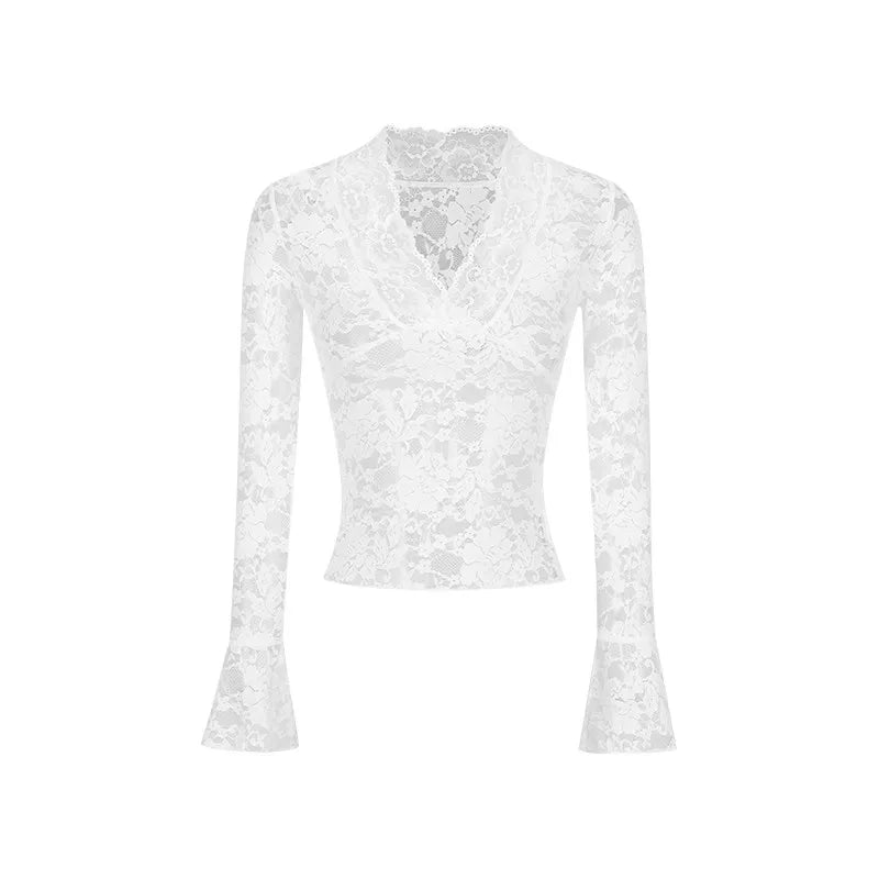 Top Blanco de Encaje de Manga Larga con Escote Pronunciado en V y Mangas Acampanadas, Blusa Corta Transparente de Encaje para Mujer, Elegante Estilo Francés, Primavera Verano 2026