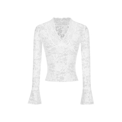 Top Blanco de Encaje de Manga Larga con Escote Pronunciado en V y Mangas Acampanadas, Blusa Corta Transparente de Encaje para Mujer, Elegante Estilo Francés, Primavera Verano 2026