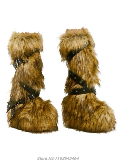 Fur Strappy Knee High Boots