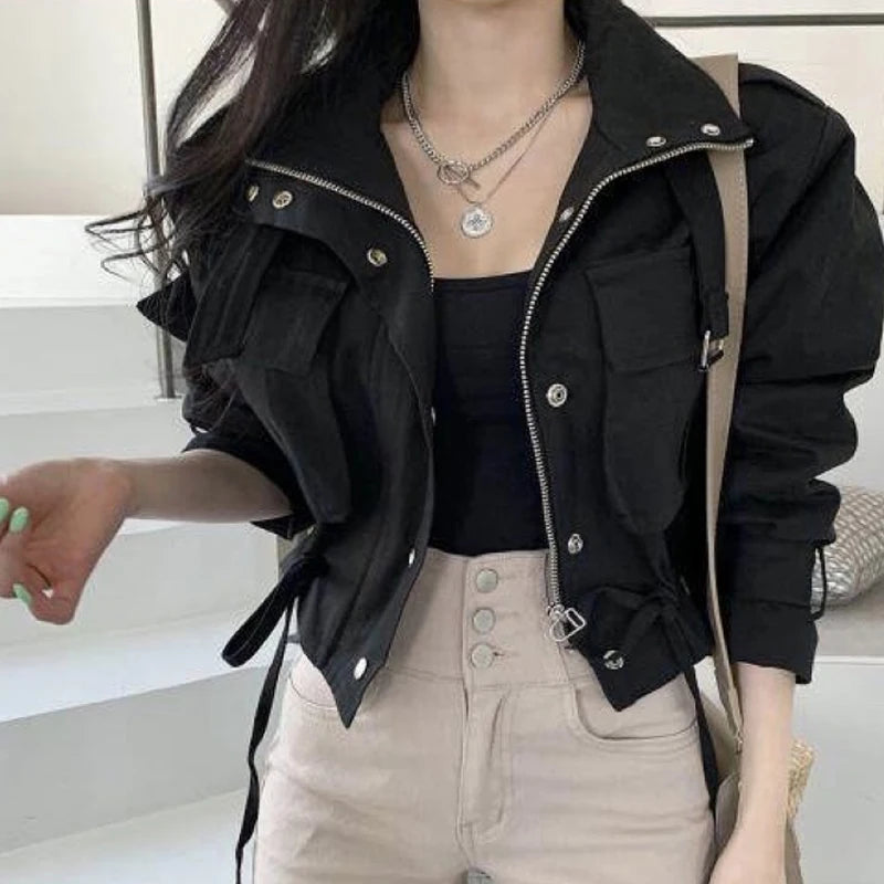 Zipper Drawstring Collar Short Loose Fit Double Jacket