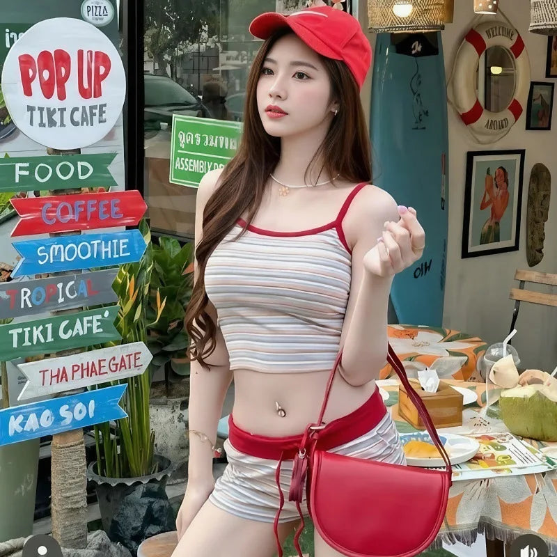 Conjunto de Bikini a Rayas Estilo Coreano para Mujer, Lindo pero Sensual, Top Halter con Shorts de Cintura Alta, Control de Abdomen para Vacaciones en la Playa
