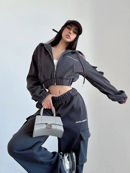 Short Zipper Sweatshirt Large Pocket Wide Leg Pants Set