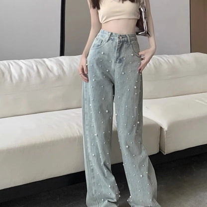 High Waist Straight Blue Beaded Pearls Denim Pants