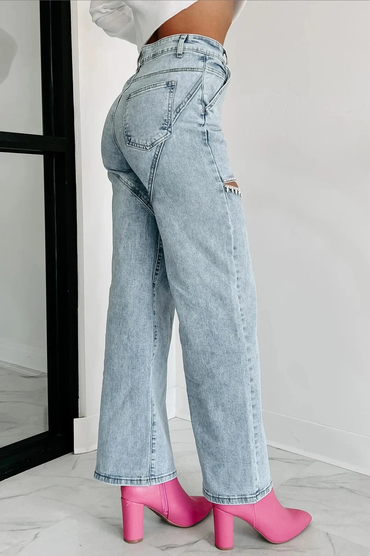 Pantalones Vaqueros de Mujer de Moda Cintura Alta Versátiles Casuales Perforados Rectos Jeans Femeninos Y2k Streetwear Primavera/Verano 2024