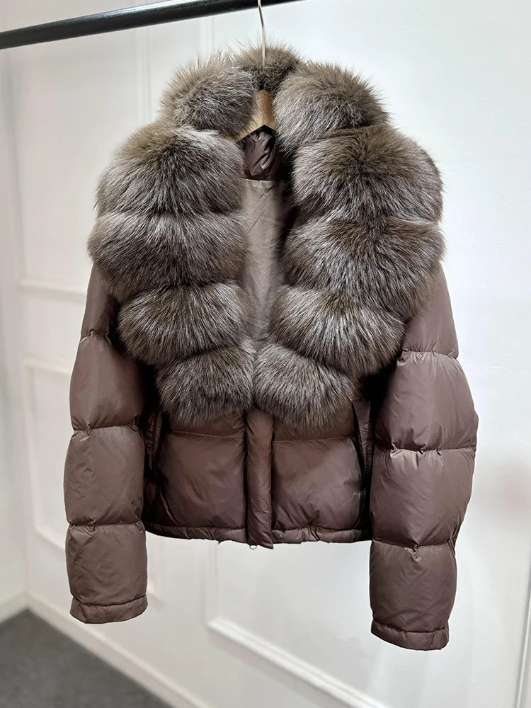 Lagabogy 2025 Abrigo casual cálido de mujer, parka de plumón, abrigo de lujo con cuello de piel de zorro natural, chaqueta de plumón de pato blanco para mujer