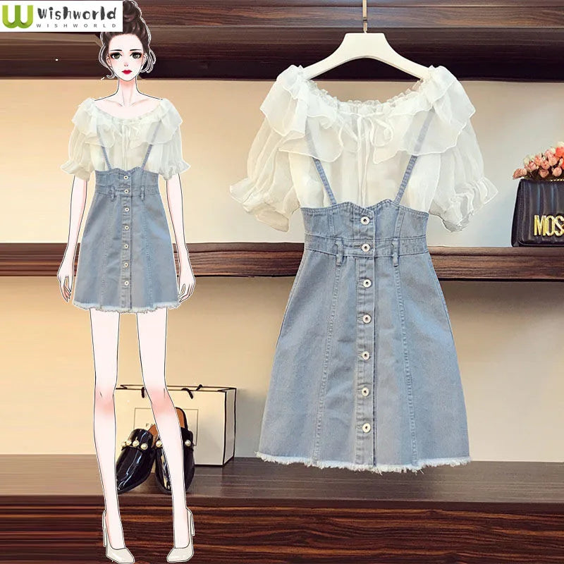 Conjunto de Vestido Vaquero con Tirantes y Camisa de Gasa