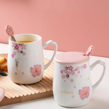 Cherry Blossom Ceramic Mug With Lid & Spoon