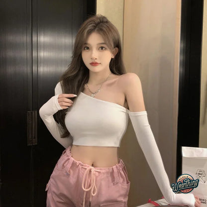 Irregular Off-shoulder Long Sleeve T-shirt