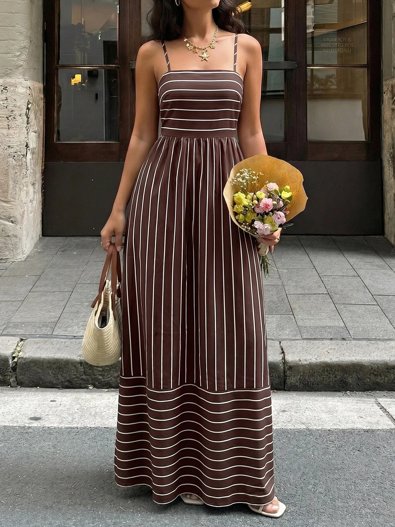Striped Backless Loose Beach Dress