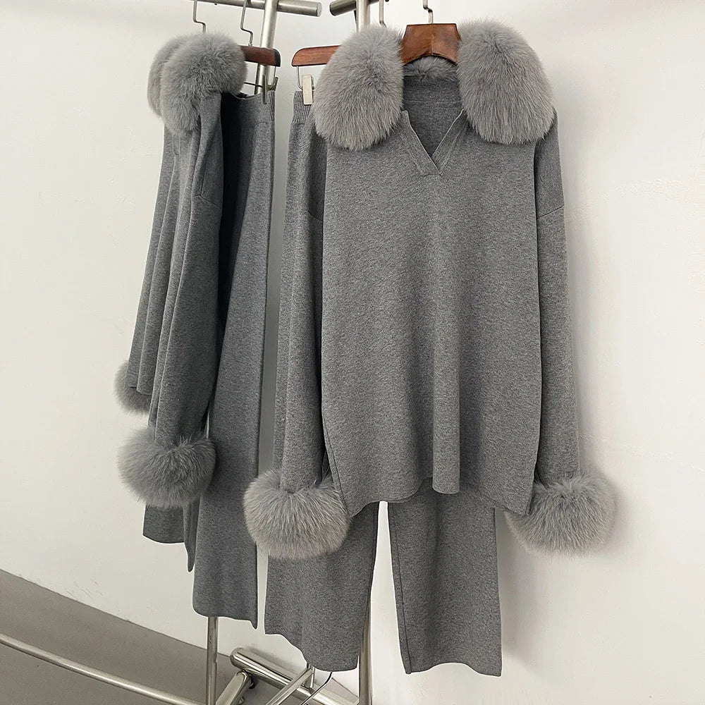 Chaqueta de piel Reality Jersey, cuello de piel de zorro real, otoño invierno, traje de jersey para mujer, jerséis de piel de mapache, conjunto de pantalones para mujer