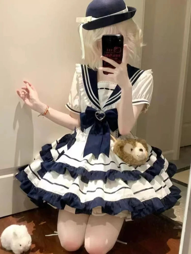 Lace Bow Sailor Collar Dress Set